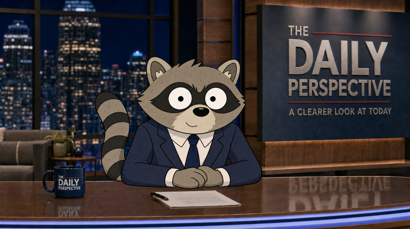 Rocco, the raccoon host, at The Daily Perspective news desk