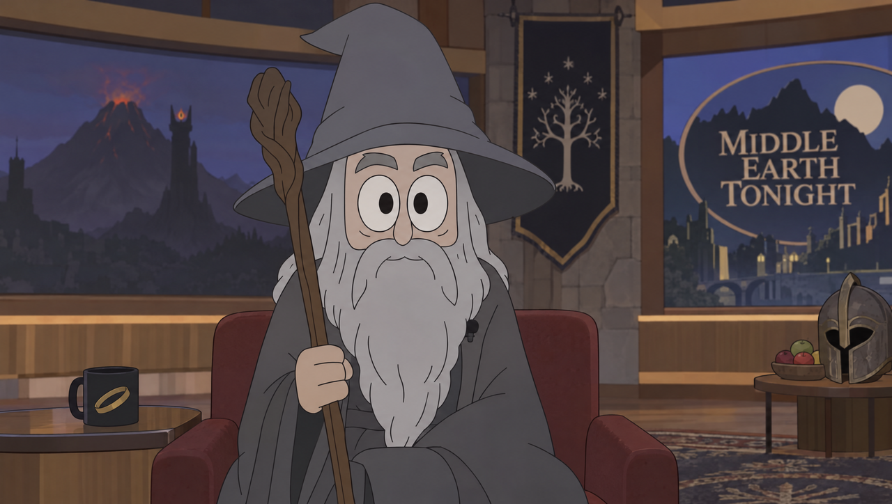 Gandalf with his staff in the Middle Earth Tonight studio