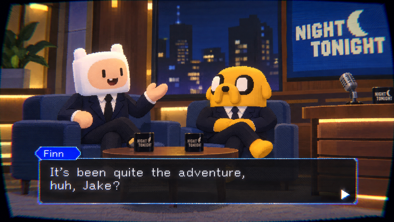 Finn and Jake in suits in an amber and blue late-night studio