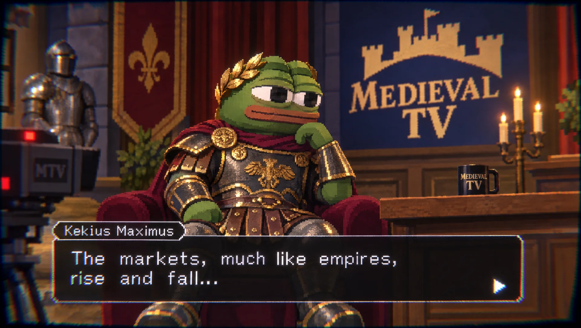 Kekius Maximus in gold armor on the Medieval TV set
